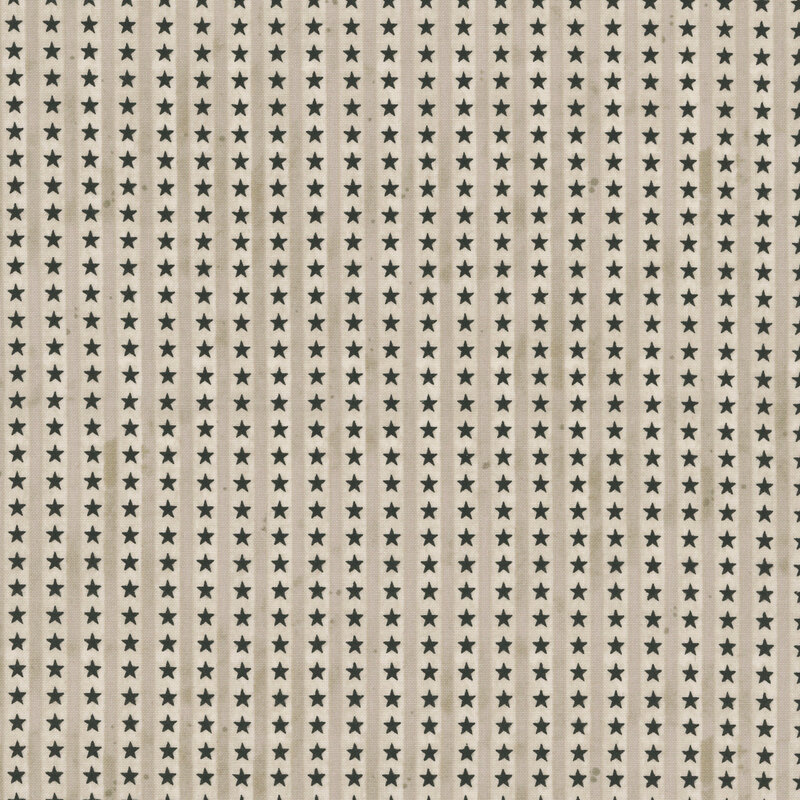 Mottled taupe fabric with greige vertical stripes and charcoal stars 