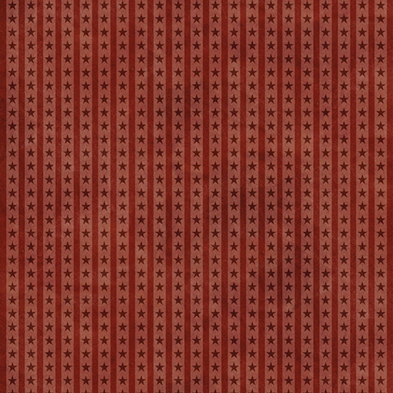 Mottled maroon fabric with red vertical stripes and deep red stars 
