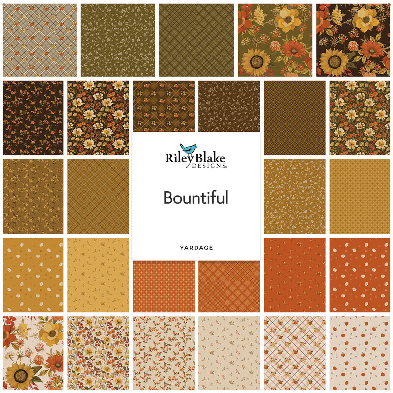 Collage of fabrics in the collection, in autumn oranges, browns, and yellows, with pumpkins, vintage florals, and plaids 