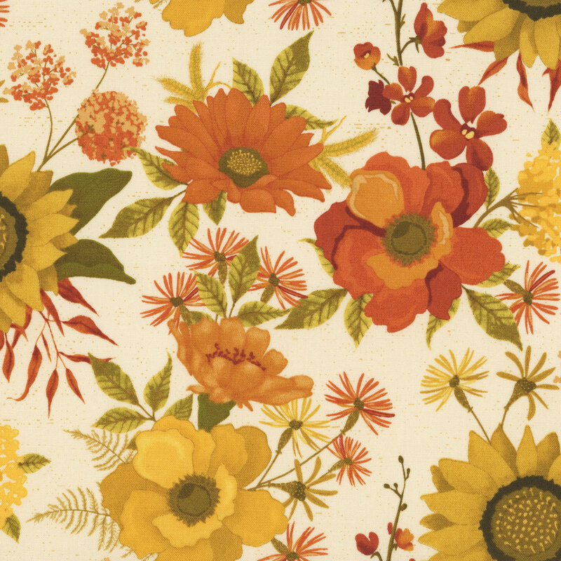Cream fabric with a pattern of large vintage orange and yellow florals