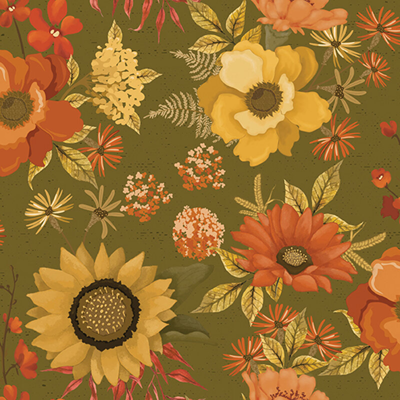 Olive green fabric with a pattern of large vintage orange and yellow florals