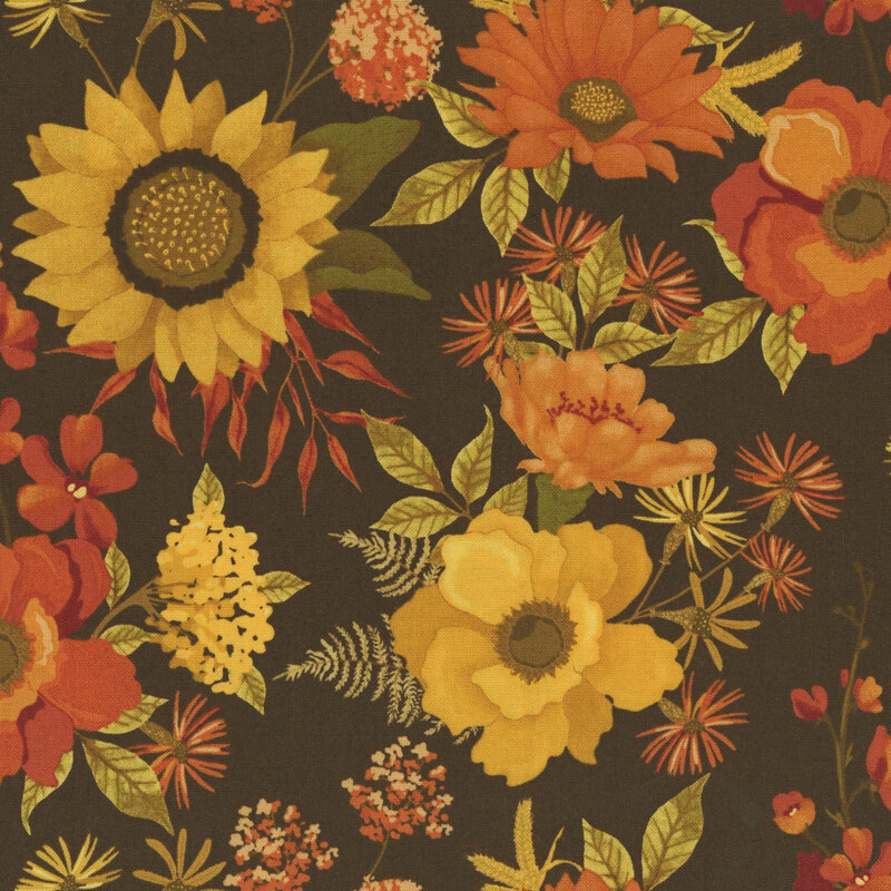 Dark brown fabric with a pattern of large vintage orange and yellow florals