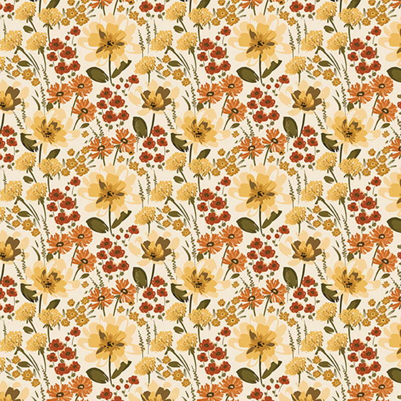 Clustered vintage floral pattern in orange, yellow and red with green stems, over a cream background