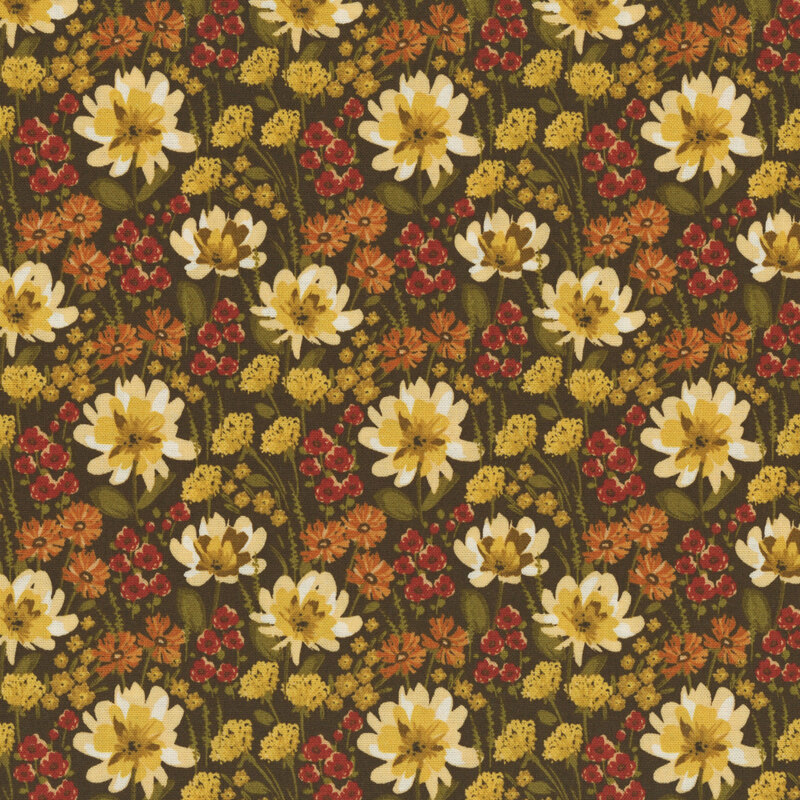Clustered vintage floral pattern in cream, orange, yellow and red with green stems, over a dark brown background