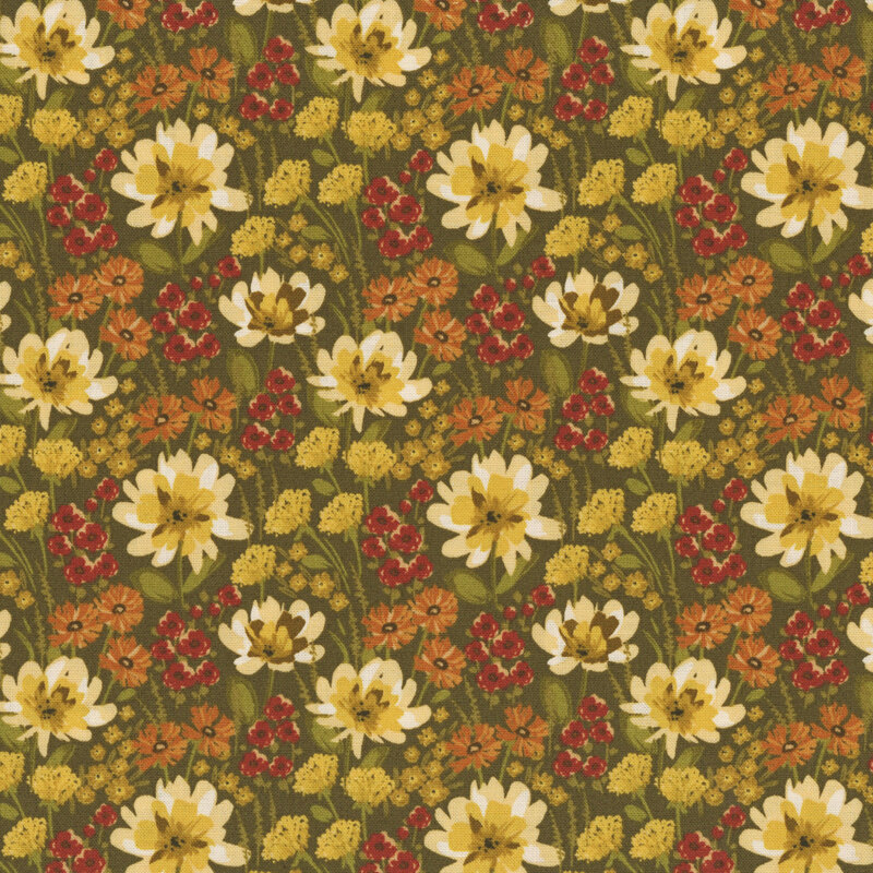 Clustered vintage floral pattern in orange, yellow and red with green stems, over a green-brown background