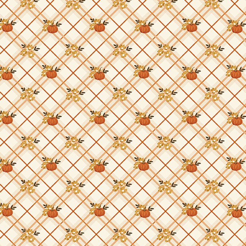 A cream fabric with a diagonal orange plaid with pumpkins and yellow flowers