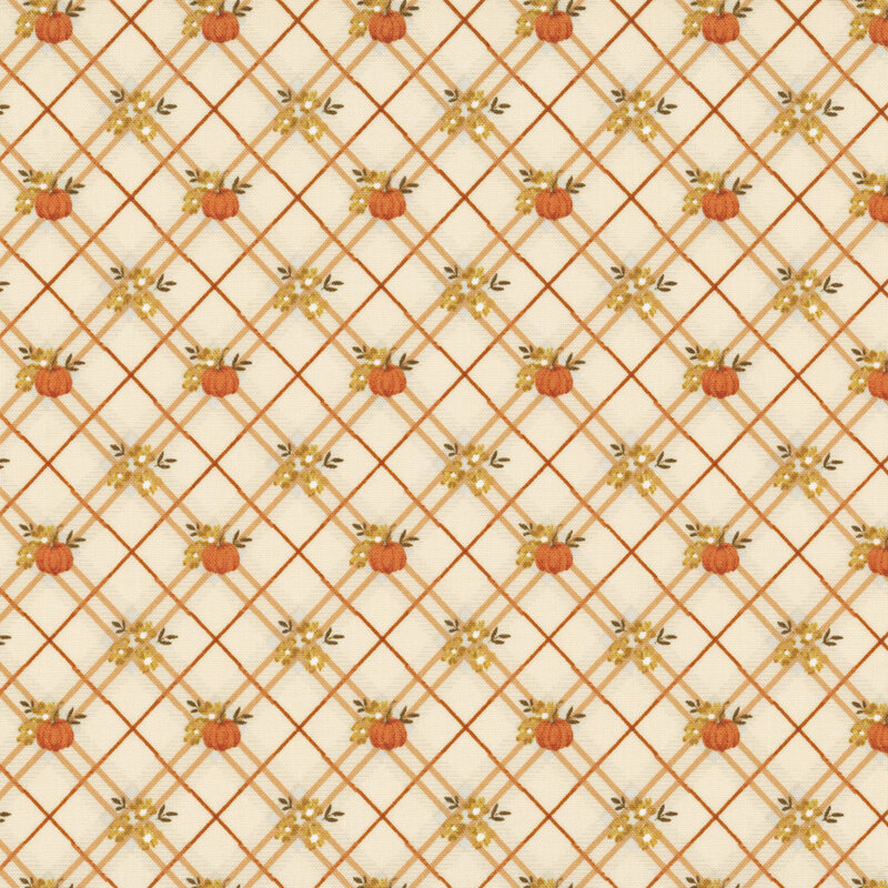 A cream fabric with a diagonal orange plaid with pumpkins and yellow flowers