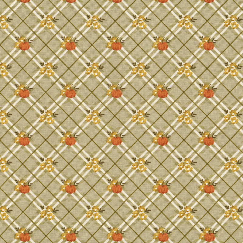 A greige fabric with a diagonal white plaid with pumpkins and yellow flowers