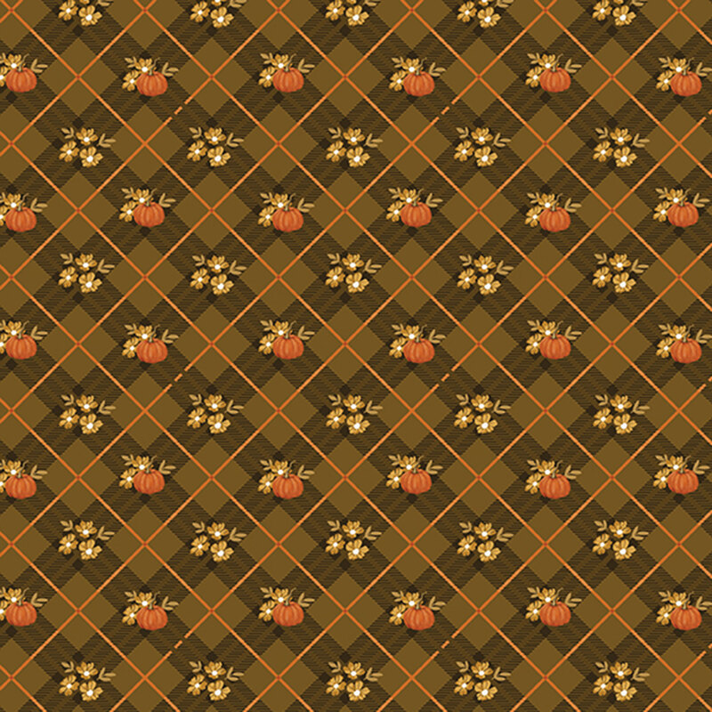 A walnut brown fabric with a diagonal brown and orange plaid with pumpkins and yellow flowers