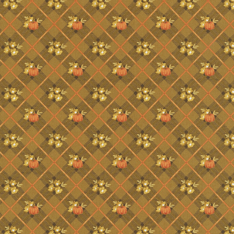 A walnut brown fabric with a diagonal brown and orange plaid with pumpkins and yellow flowers