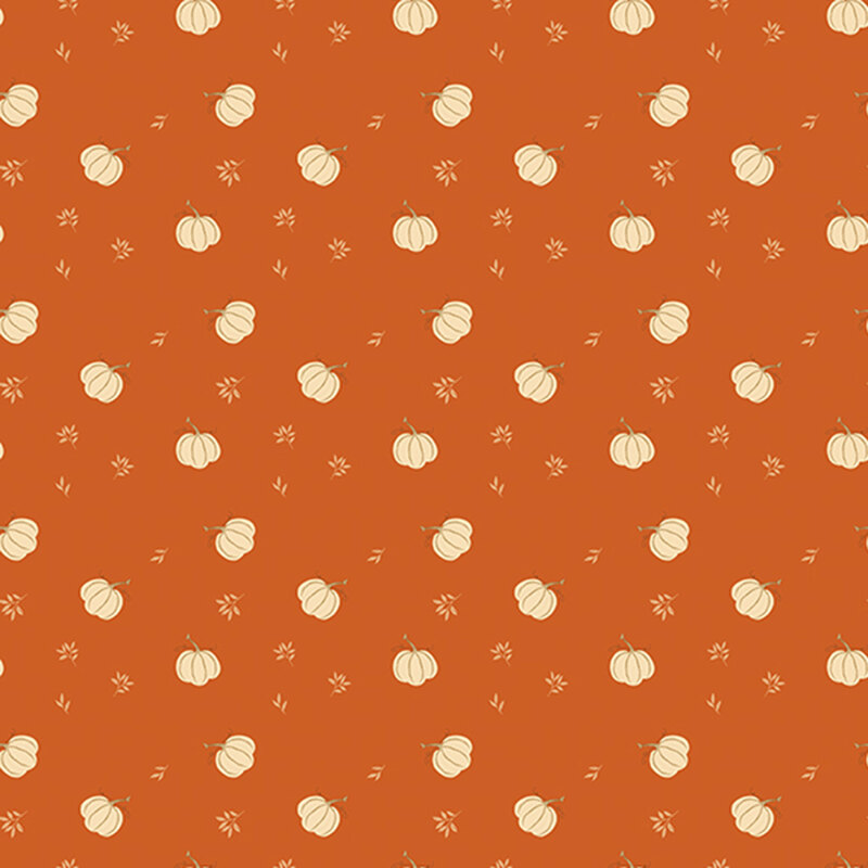 Orange fabric with a a ditsy pattern of white pumpkins and small white twigs