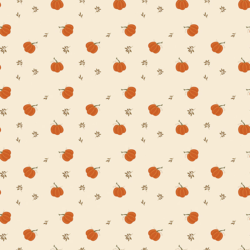 Cream fabric with a a ditsy pattern of orange pumpkins and small brown twigs