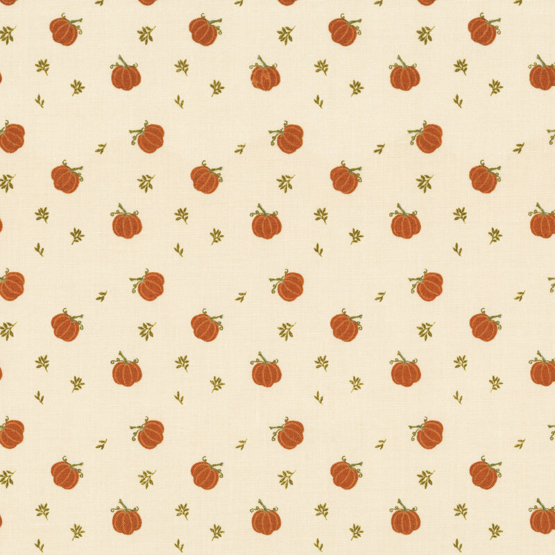 Cream fabric with a a ditsy pattern of orange pumpkins and small brown twigs