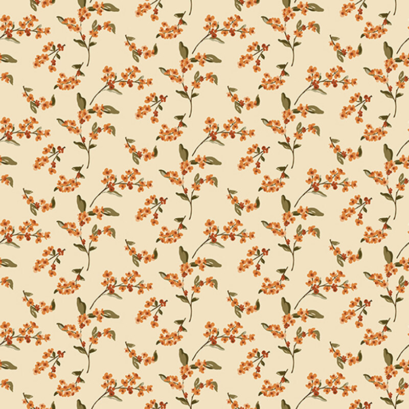 Cream beige fabric with orange-red floral sprigs