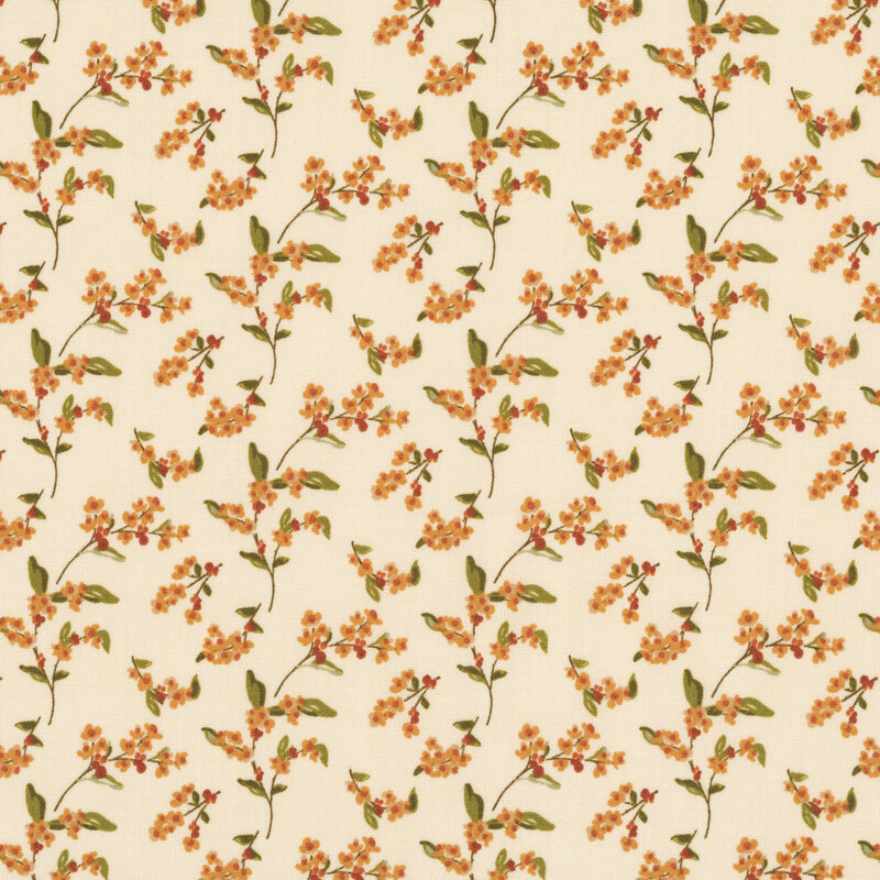 Cream beige fabric with orange-red floral sprigs