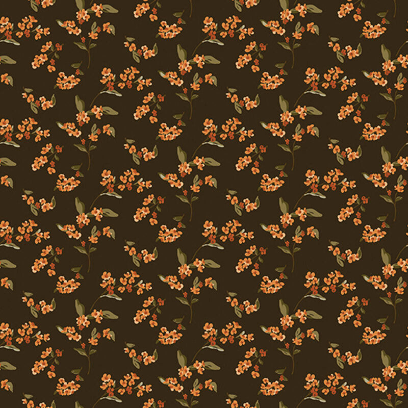 Dark brown fabric with orange-red floral sprigs