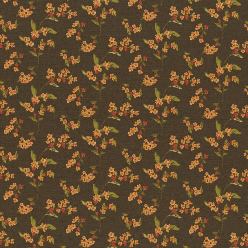 Dark brown fabric with orange-red floral sprigs.