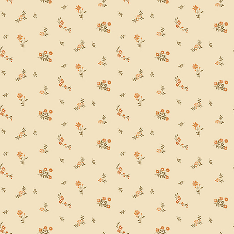 Cream fabric with a ditsy print of orange flowers and brown twigs
