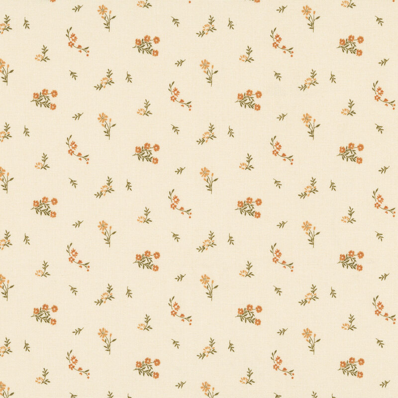 Cream fabric with a ditsy print of orange flowers and brown twigs