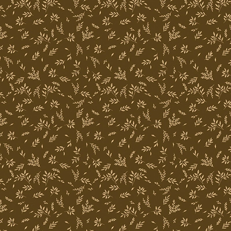Walnut brown fabric with a pattern of tan leafy sprigs