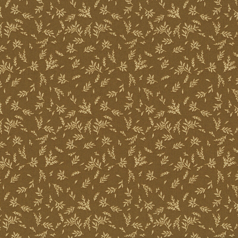 Walnut brown fabric with a pattern of tan leafy sprigs