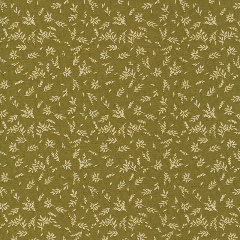 Olive green fabric with a pattern of tan leafy sprigs