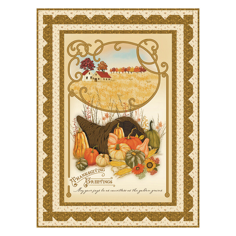 A fabric panel featuring a country landscape, a cornucopia, and Thanksgiving-themed text, with a tan and walnut brown floral print border 