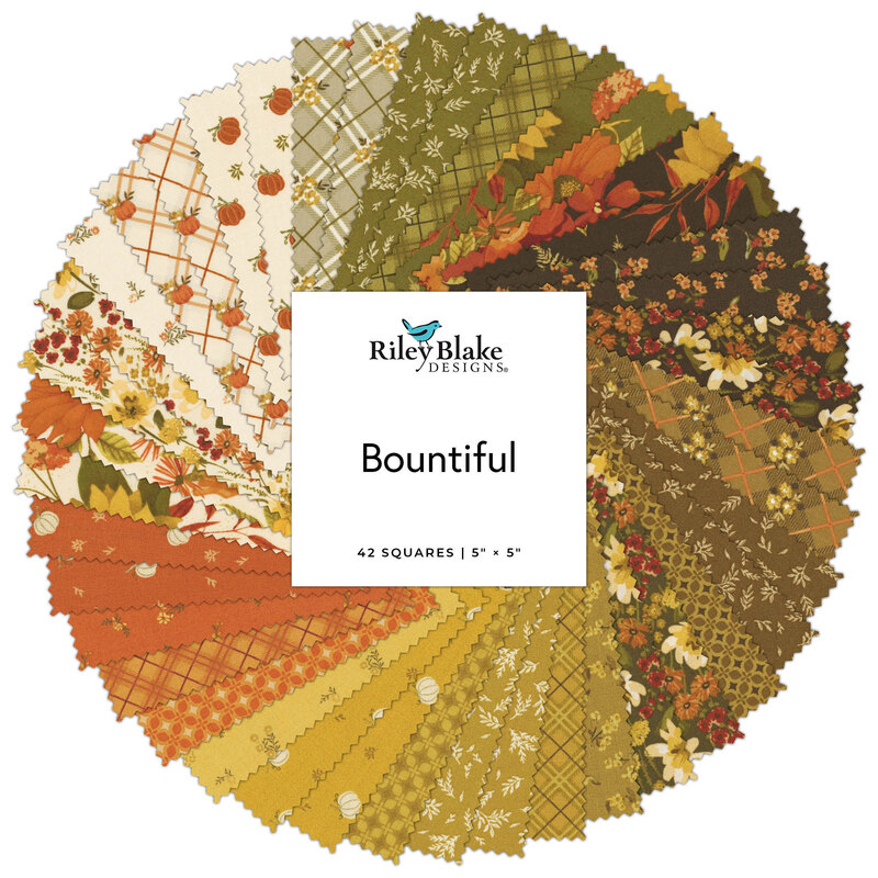 Circular collage of fabrics in the collection, in autumn oranges, browns, and yellows, with pumpkins, vintage florals, and plaids 