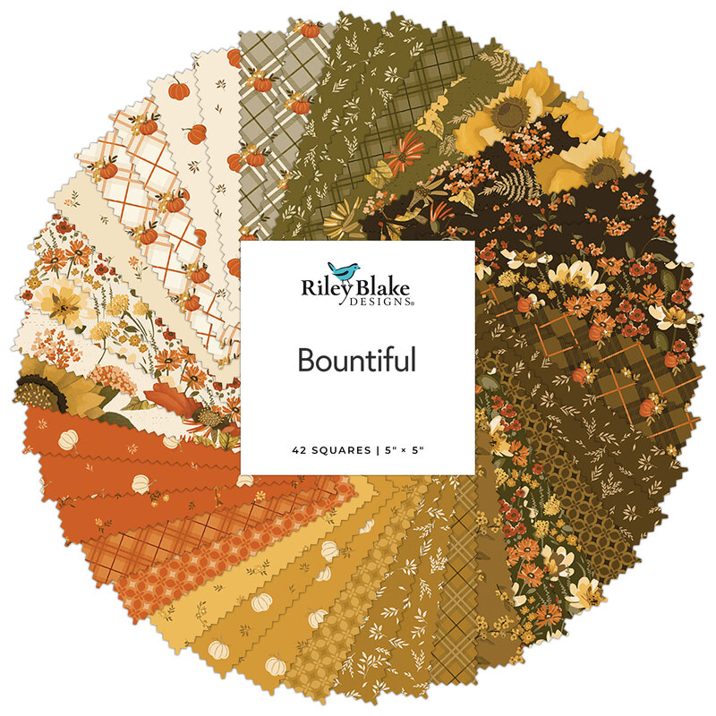 Circular collage of fabrics in the collection, in autumn oranges, browns, and yellows, with pumpkins, vintage florals, and plaids 