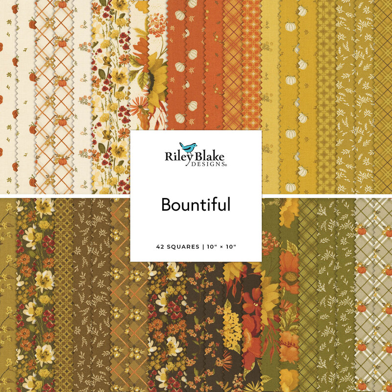 Collage of fabrics in the collection, in autumn oranges, browns, and yellows, with pumpkins, vintage florals, and plaids 
