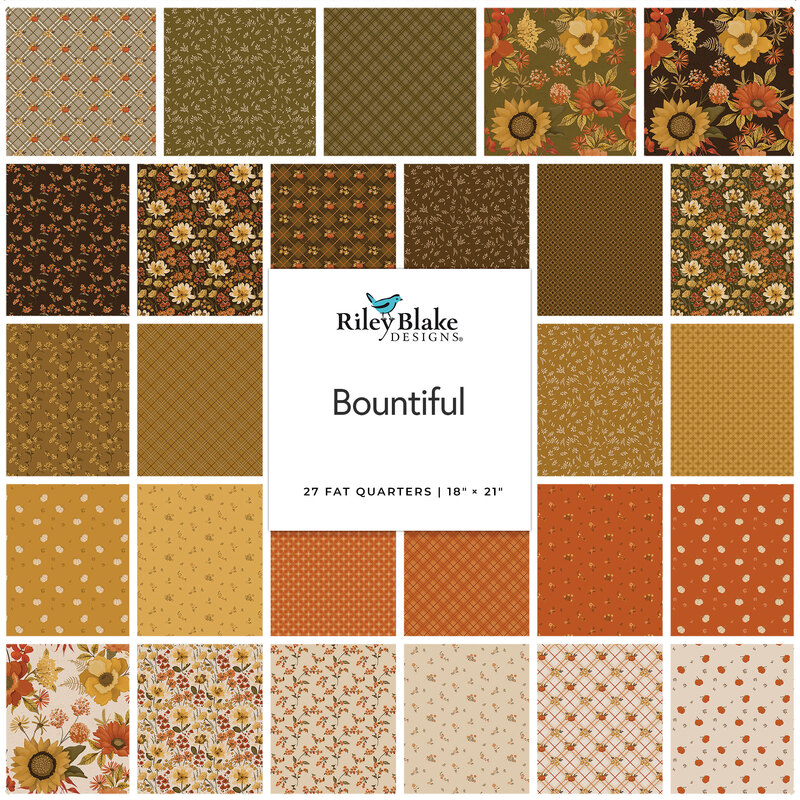 Collage of fabrics in the collection, in autumn oranges, browns, and yellows, with pumpkins, vintage florals, and plaids 