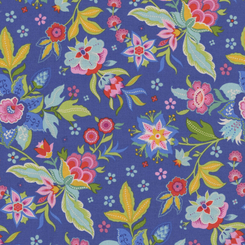 Blueberry hued fabric featuring florals in bright neon yellows, pinks, and aquas.