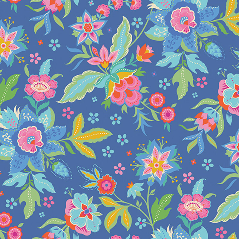 Cerulean blue fabric featuring florals in bright neon yellows, pinks, and aquas.