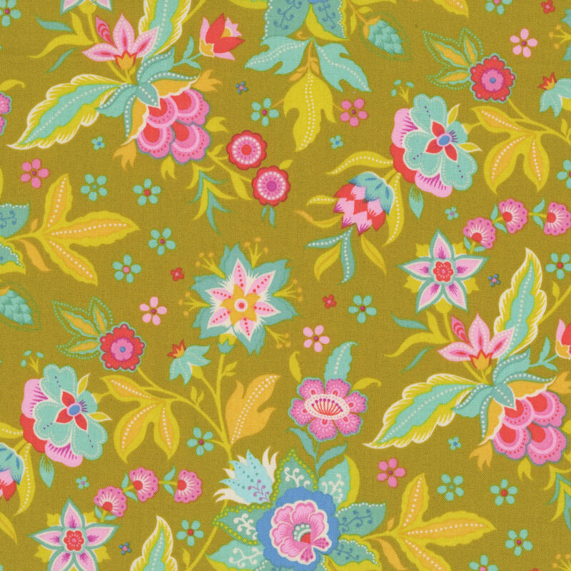 Brassy yellow fabric featuring florals in bright neon yellows, pinks, and aquas.