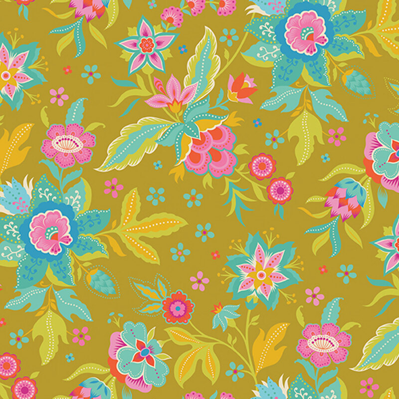 Mustard yellow fabric featuring florals in bright neon yellows, pinks, and aquas.