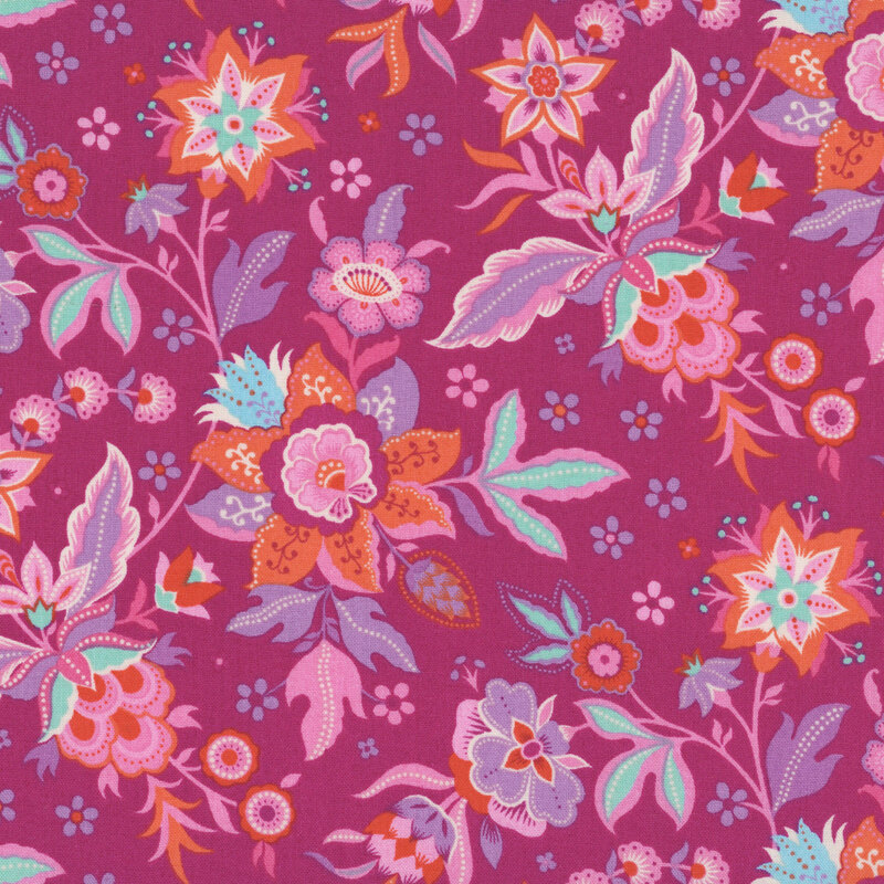 Magenta fabric featuring florals in bright neon purples, pinks, and aquas.