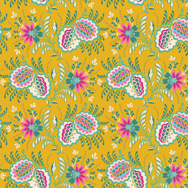 Mustard yellow fabric featuring elaborate clusters of flowers and leaves in bright pink, white, and teal.