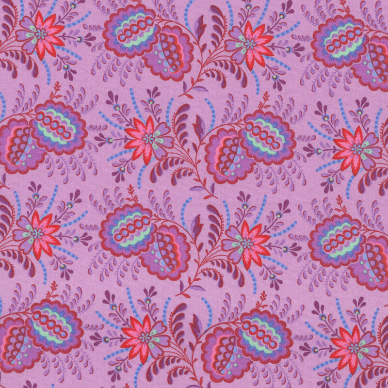  Lilac fabric featuring a clusters of flowers and leaves in bright red, blue, and purple.
