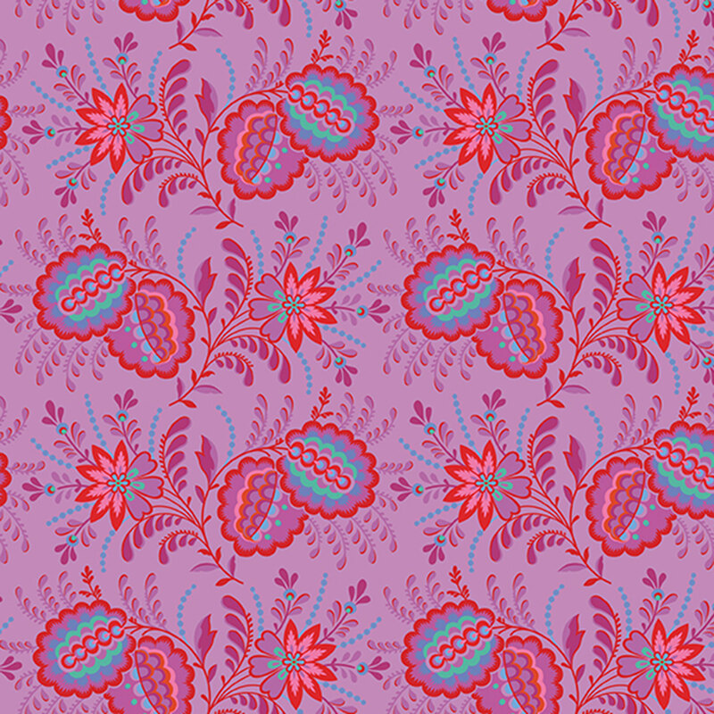 Violet fabric abric featuring elaborate clusters of flowers and leaves in bright red, blue, and purple.