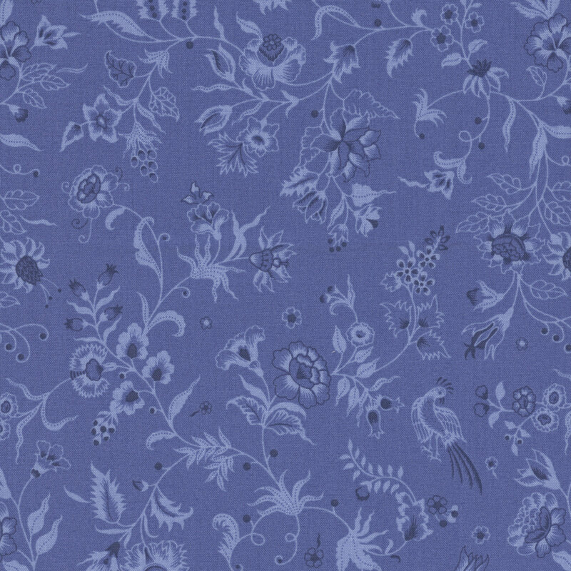 Tonal blueberry fabric featuring stylized pheasants set among elaborate florals.