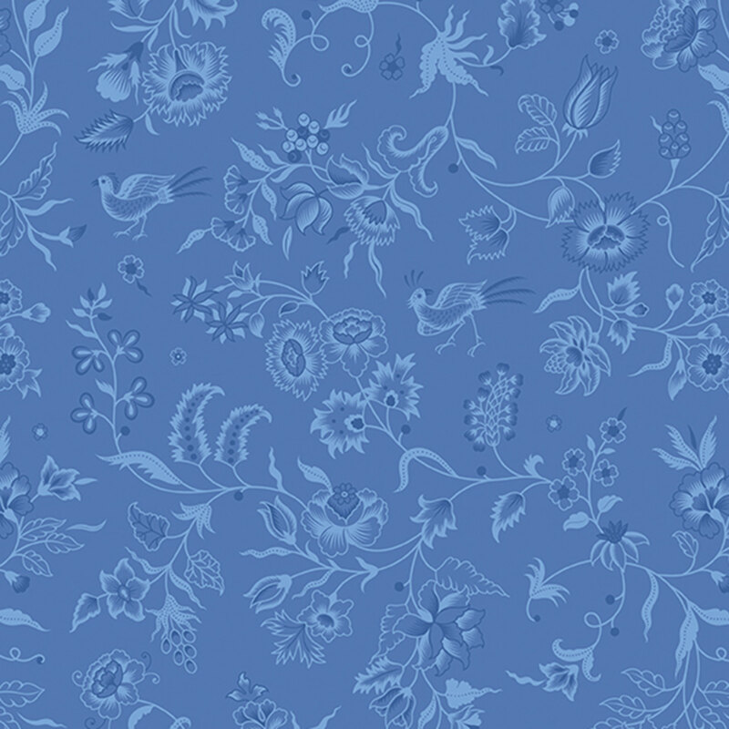 Tonal cerulean fabric featuring stylized pheasants set among elaborate florals.