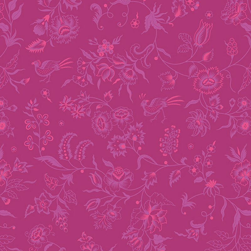 Magenta fabric featuring stylized pheasants set among elaborate florals of lavender and neon pink.
