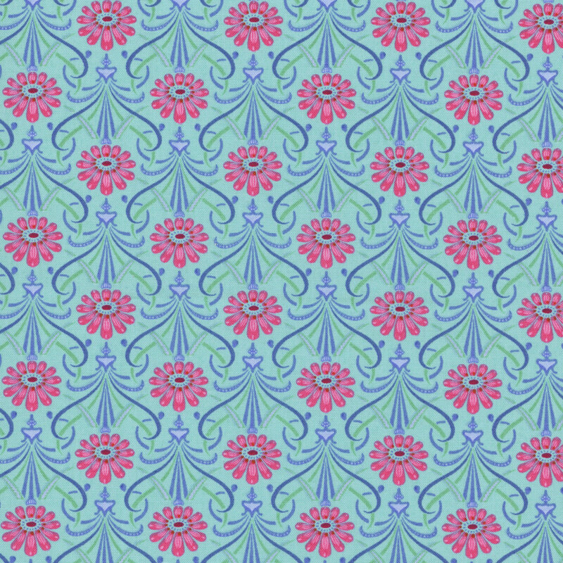 Light teal blue fabric featuring large bright pink flowers with ornate leaves of blue and green.