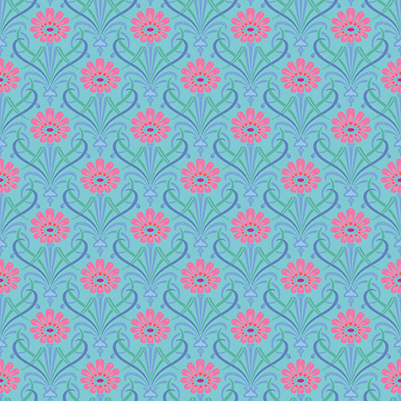 Peacock blue fabric featuring large bright pink flowers with ornate leaves of blue and green.