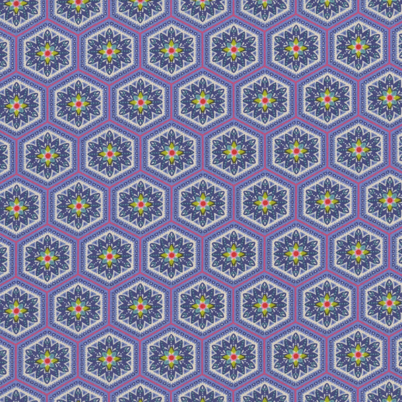 Geometric and floral design on an azure blue fabric.