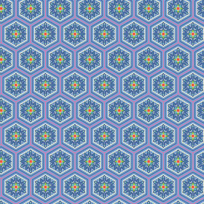 Geometric and floral design on bright blue fabric.