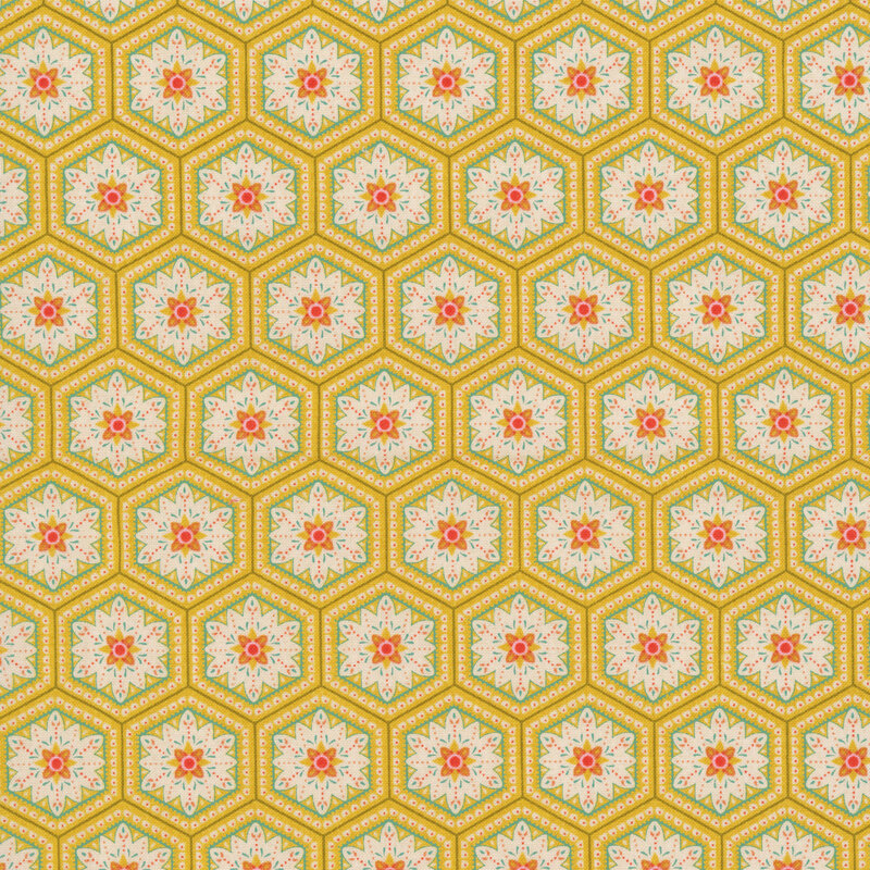 Geometric and floral design on mustard yellow fabric.