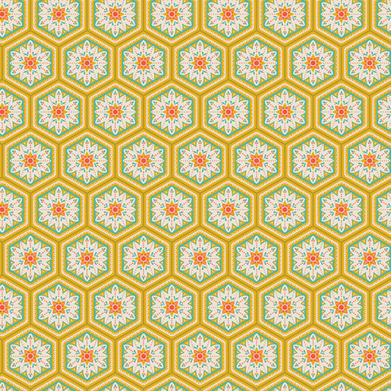 Geometric and floral design on bright yellow fabric.