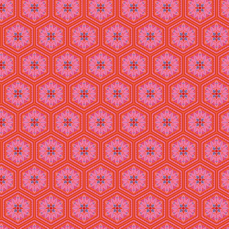 Geometric and floral design on bright red-orange fabric.