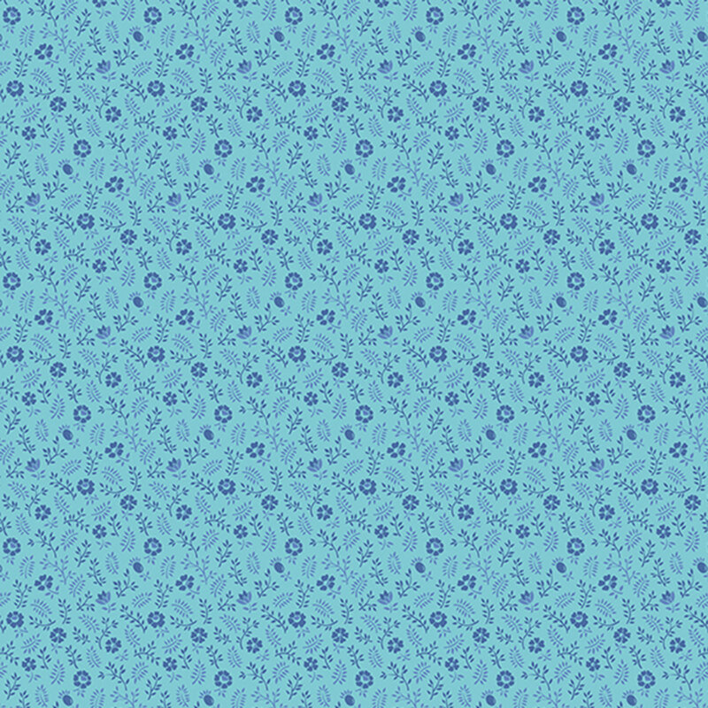 Bright blue fabric featuring calico florals and leaves.